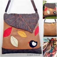 Őszi pachwork leveles, gyapjúfilc madaras válltáska